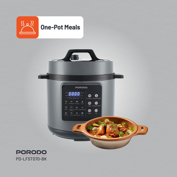 Porodo 1300W Multi-Cuisine Pressure Cooker with 6L Capacity & LED Display, One-Pot Meals, 12 Preset Functions, Pressure Release Button, One-Touch Control, Auto Pilot Cooking, Customizable Cooking Programs - Black