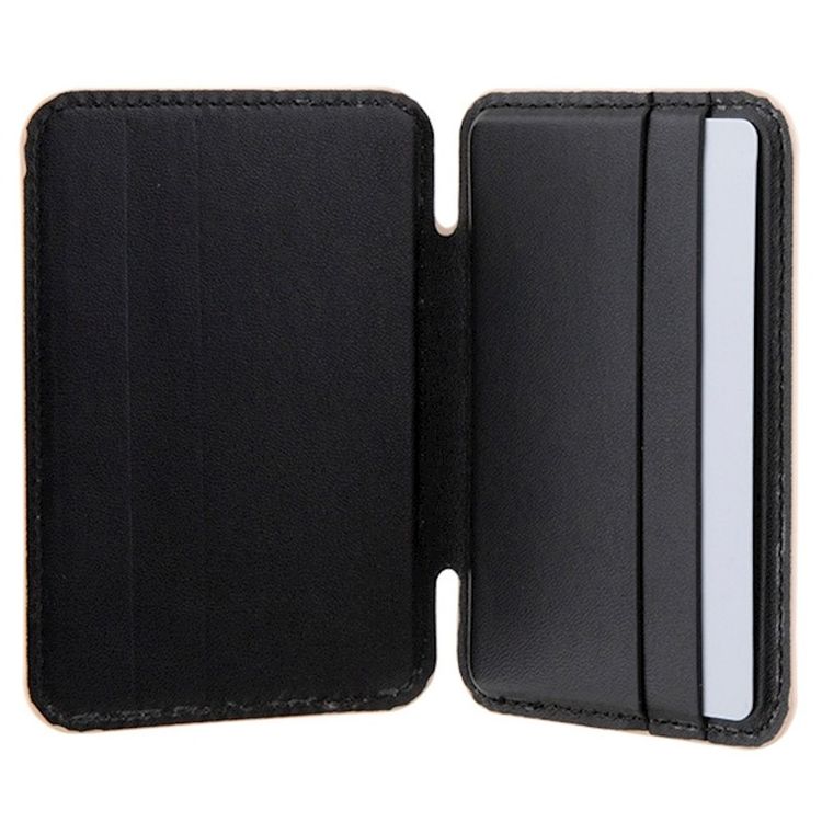 حامل بطاقات مغناطيسي من Guess بمواد من الجلد الصناعي، يحتوي على فتحتين للبطاقات، تصميم قابل للطي، متوافق بقوة مع تقنية MagSafe، نحيف للغاية وخفيف الوزن.