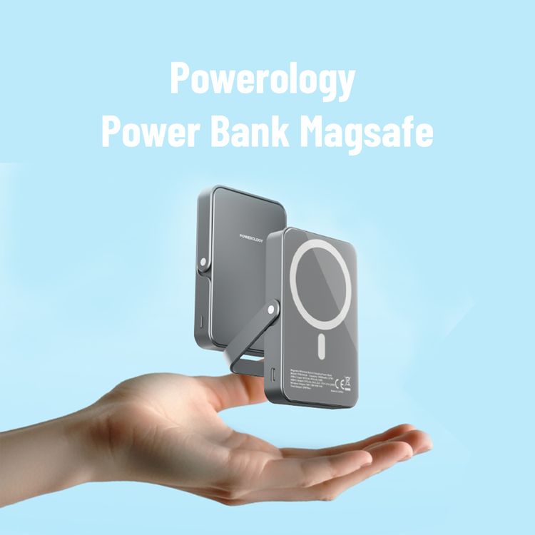 Powerology 10000mAh Magsafe Glass Surface Power Bank with Compact Design, Type-C & Wireless output, Integrated Stand, Aluminum Material, 20W Power Delivery, Cable-Free - Titanium 