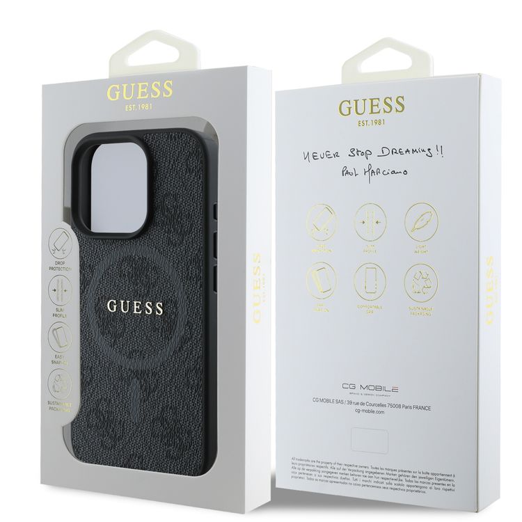 Guess Magsafe PU 4G Hard Case with Classic Logo for iPhone 16 Pro Max, Drop Protection, Easy Snap-on, Slim & Lightweight Design, MagSafe Compatibility for Wireless Charging - Black