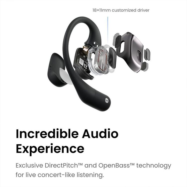 SHOKZ OpenFit True Wireless Earphones, Up to 28 Hours Battery Life, Up to 120 Minutes Charging Time, Built-in Microphone, AI Call Noise Reduction, 10 m Wireless Range - Black