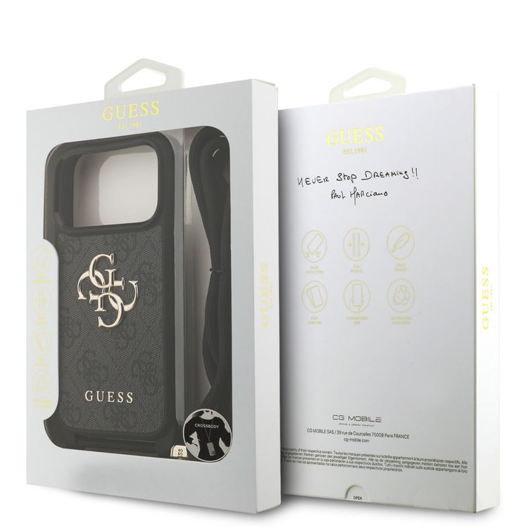 غطاء Guess 4G من الجلد الصناعي بشعار كبير 4G وحبل للارتداء المتقاطع لجهاز iPhone 17 Pro Max، حماية من السقوط، تصميم نحيف وخفيف الوزن، تركيب سهل، قبضة مريحة، تغليف مستدام - أسود