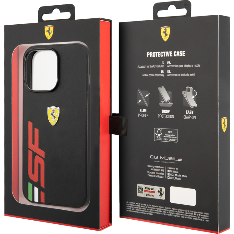 Ferrari Leather Printed Big SF Logo Hard case, Drop protection, Compatible with iPhone 13 Pro - Black