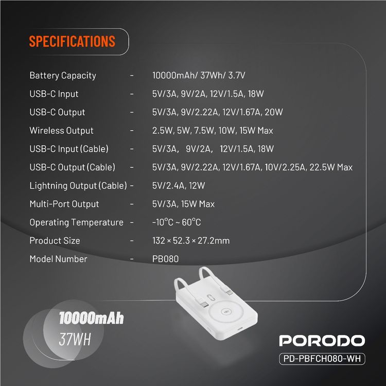 بورودو بنك طاقة لاسلكي مغناطيسي 10000 مللي أمبير/ساعة مع حامل كابل مدمج USB-C + Lightning، شحن متزامن، شاشة رقمية، PD 22.5 واط - أبيض