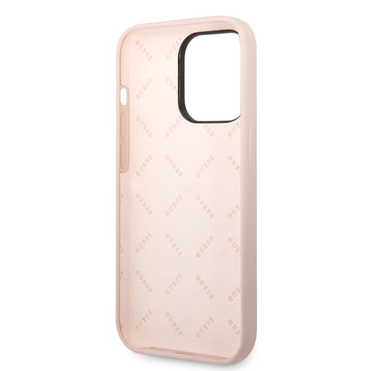 Guess Liquid Silicone Case with Shiny Line & Metal Triangle Tone Logo iPhone 14 Pro Max Compatibility - Pink