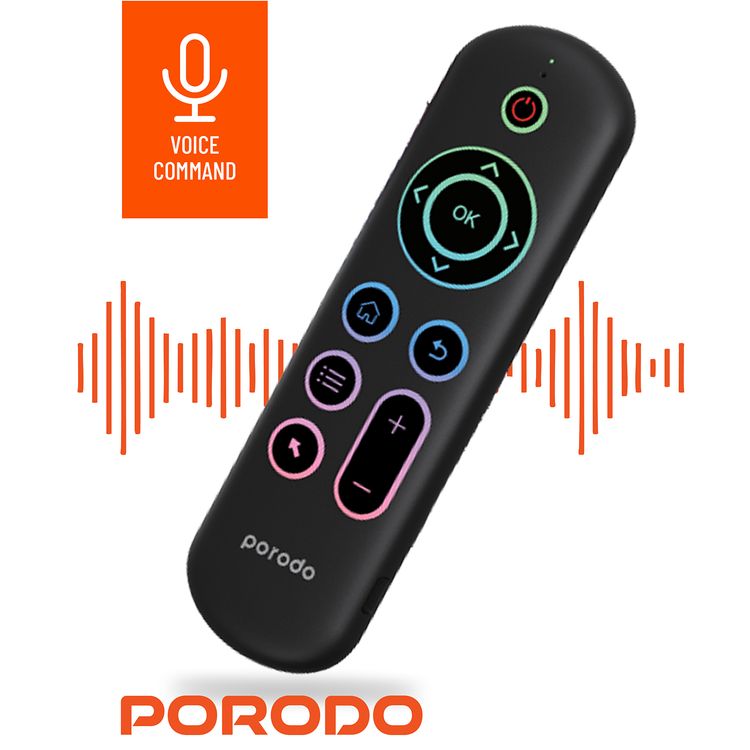 Porodo Air Mouse Remote and Mini Keyboard with 6 Axis Gyro Sensor, Arabic & English Layouts, 58 Full QWERTY Keyboard Keys, 3 Adjustable Level Mouse Pointer Movement, 250 mAh Battery Capacity - Black