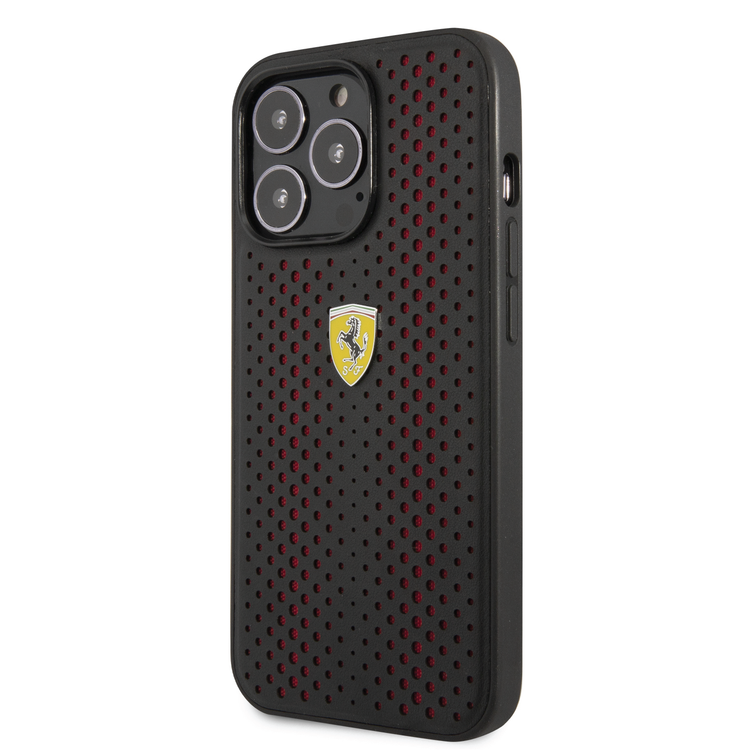 Ferrari PU Leather Perforated Case with Nylon Base & Yellow Shield Logo iPhone 14 Pro Compatibility - Red