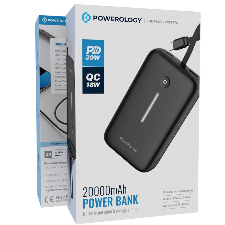 Powerology 20000mAh Power Bank with Detachable USB-C Wire, 30W Power Delivery, 3-Device Charging, Long Time Standby, Universal Phone Compatibility, Built-in Safeguards - Black
