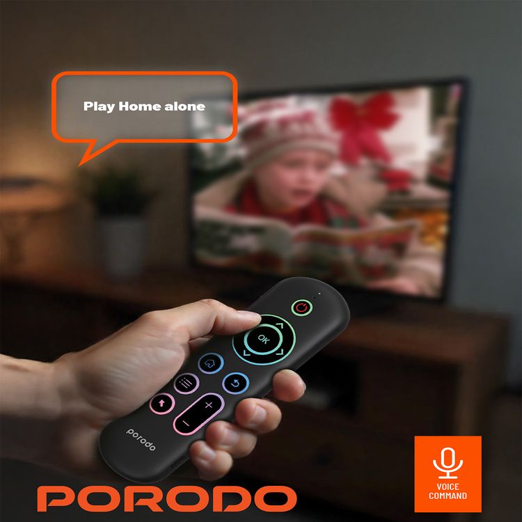 Porodo Air Mouse Remote and Mini Keyboard with 6 Axis Gyro Sensor, Arabic & English Layouts, 58 Full QWERTY Keyboard Keys, 3 Adjustable Level Mouse Pointer Movement, 250 mAh Battery Capacity - Black
