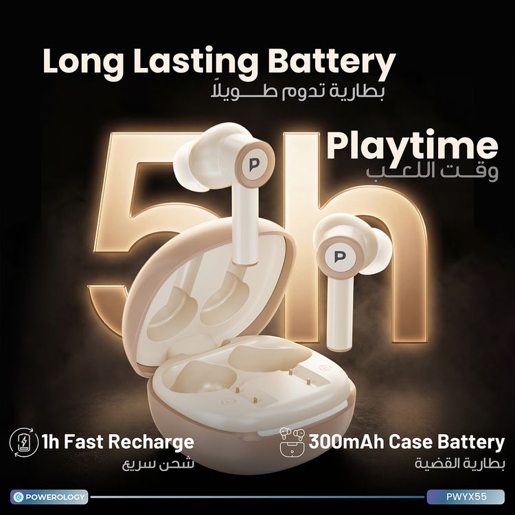 Powerology Saba In-Ear Earbuds with Active Noise Cancellation, Up to 5 Hours Battery Life, Bluetooth Version 6.0, Up to 10m Bluetooth Range,  Type-C Charging Port, Secure In-Ear Fit, Seamless Auto Pairing - Black