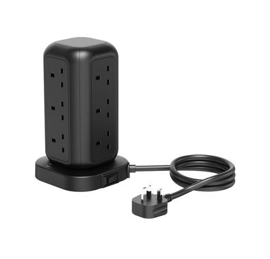 Powerology GaN Tower Hub with 12 AC Sockets, Dual USB-A & Dual USB-C Ports, MagSafe Compatible, 3250W Rated Power, 3m Cable Length, Fire-Proof Material, Surge Protection, Fast Charge 20W Power Delivery - Black