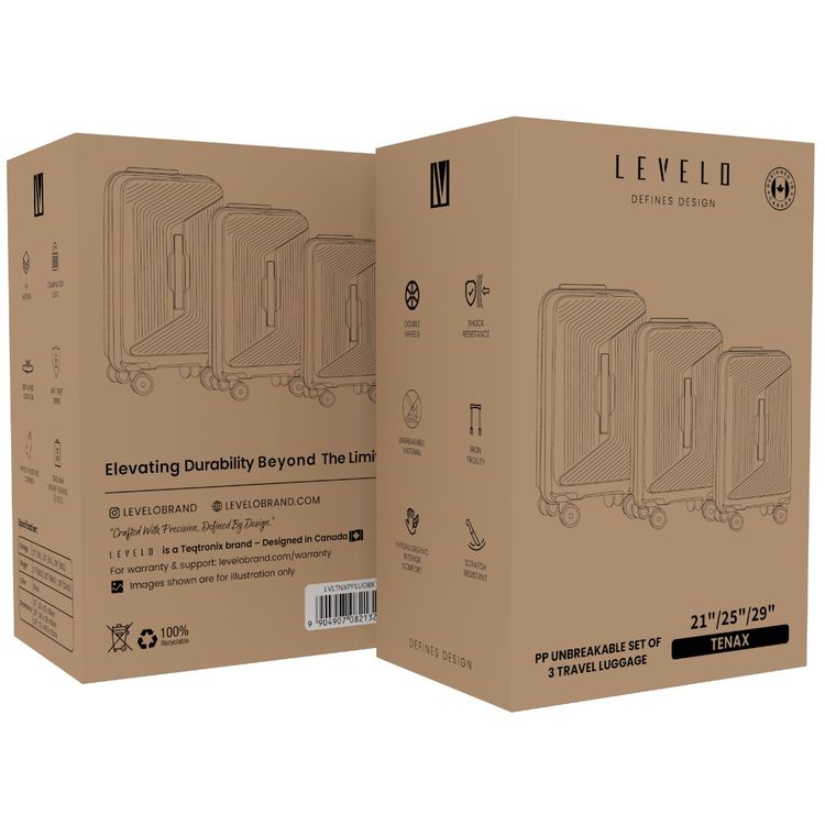 Levelo Tenax Set of 3 Travel Luggage with Double Wheels, Unbreakable Material, Anti-Theft Zipper, 360° Wheel Rotation, Combination Lock, Scratch Resistant - Black