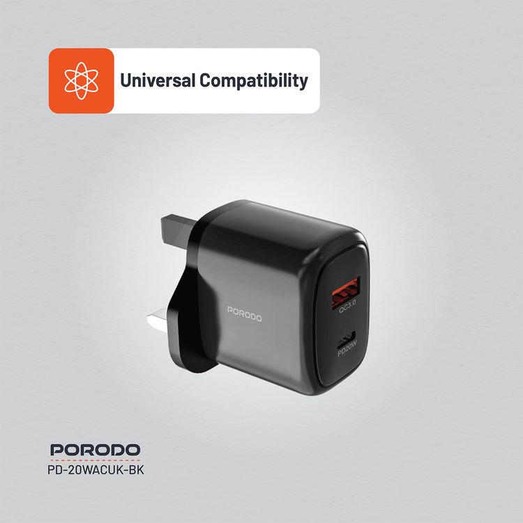 Porodo Dual Output Quick Charger with 20W Power Delivery, QC 18W, UK 3-Pin Plug, Simultaneous Charging, Universal Compatibility - Black