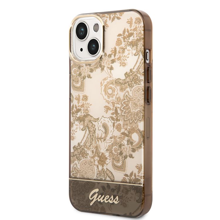 Guess PC/TPU IML Case With Double Layer Electroplated Camera Outline & Toile De Jouy - iPhone 14 - Ochre