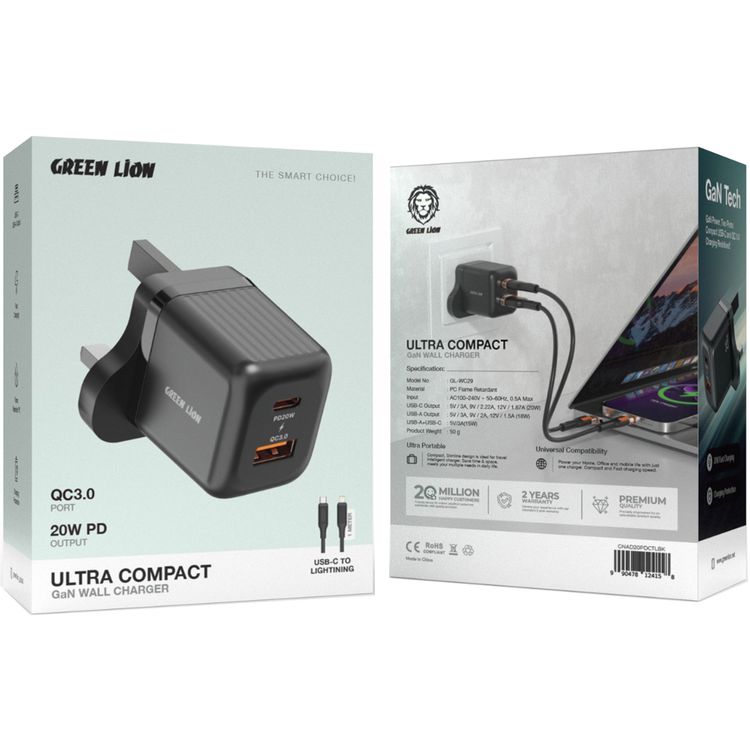 Green Lion Ultra Compact GaN Wall Charger with Dual USB-C & USB-A Ports and USB-C to Lightning Cable, PC Flame Retardant Material, Fast Charging Support, Charging Protection, Universal Compatibility, Ultra Portable - Black