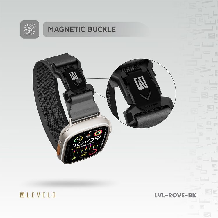 Levelo Rove Nylon Watch Strap with Magnetic Buckle, Compatible with 49/46mm Smartwatches & Apple Watch SE, Series 9, 8, 7, 6, 5, Abrasion Resistance, Hypoallergenic Material, Easy Snap-On & Quick Release Mechanism, Water-Resistant, Sweat-Resistant, 24/7 Wearability - Black