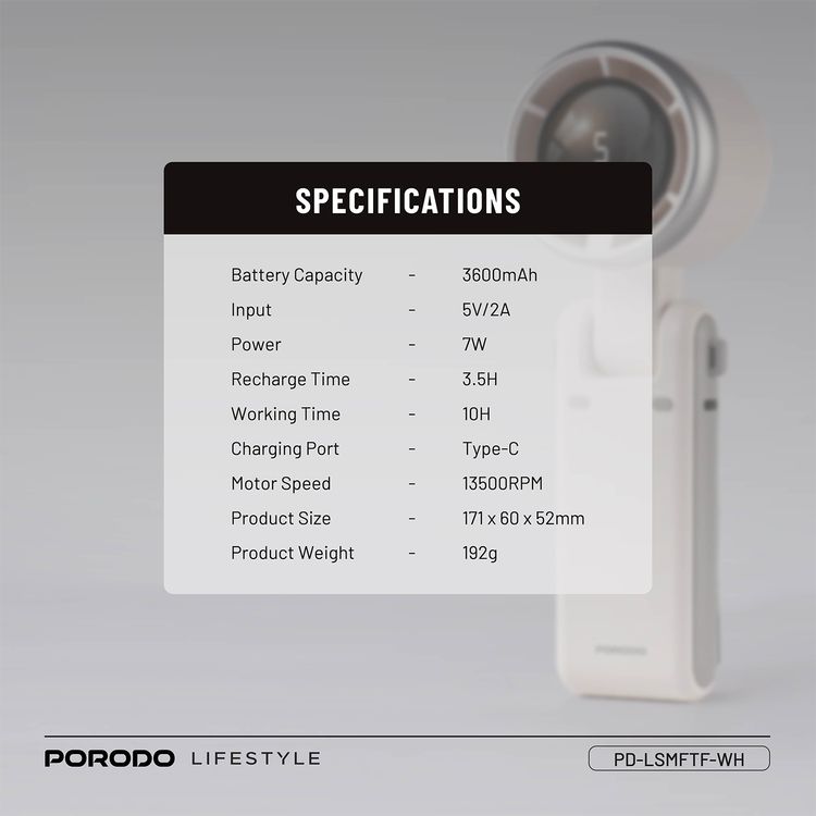 Porodo LifeStyle 3in1 Multi Functional 180° Foldable Handheld Turbo Fan, 3600mAh, 10 Hours Working Time, Type-C Charging Port,  Digital Display, 3.5 Hours Recharging Time - White
