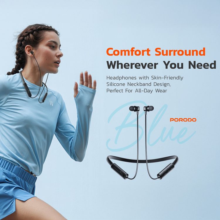 Porodo Blue ENC Neckband In-Ear Earphones with Up to 30 Hours of Playtime, 200mAh Battery Capacity, 15m Transmission Distance, Bluetooth Version 5.3 - Black