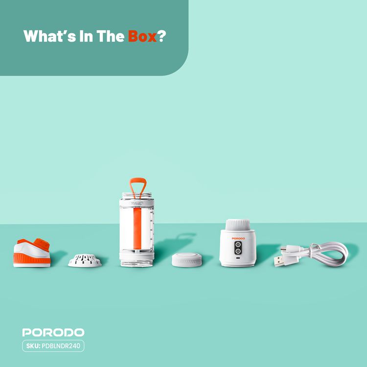 Porodo Lifestyle Nutrimix Dual-Spin Blender with 700mL Jar Capacity, Tritan Jar Material, 304 Stainless Steel Blade Material, 3× 2000mAh Battery Capacity, 3 Hours Charging Time, 30 Seconds Per Cycle Single Working Time, Safety Blade Cover - White