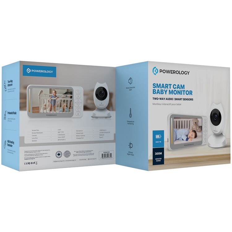 Powerology Smart Cam Baby Monitor with Two-Way Audio & Smart Sensors, 300m Monitor Range, 4.35" Screen Size, Milk Feeding Reminder, Preloaded Music - White