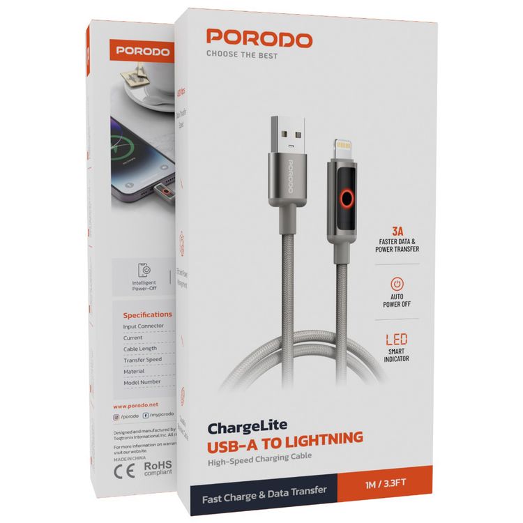 Porodo Charge Lite USB-A to Lightning Cable with High-Speed Charging, Braided & Aluminum Alloy Material, 1m Cable Length, 480Mbps Transfer Speed, Protect Battery - Gray