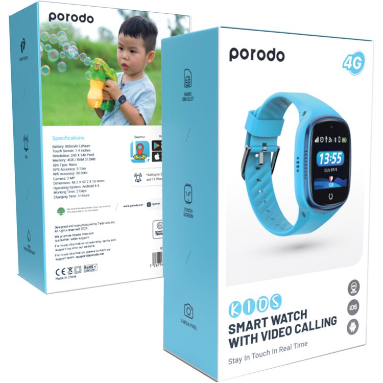 Porodo Kids 4G Smartwatch with Video Calling, 2 MP Camera, IP65 Water Resistant, iOS & Android Compatibility, 800mAh Battery - Blue