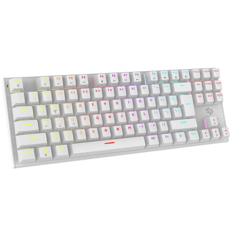 لوحة مفاتيح ميكانيكية من Porodo للألعاب TKL مع 12 وضعًا لإضاءة RGB، و25 مفتاحًا مضادًا للظلال، وعمر افتراضي يصل إلى 50 مليون نقرة، وكابل PVC بطول 1.5 متر، والتوصيل والتشغيل، ومفاتيح باللغة الإنجليزية والعربية - أبيض