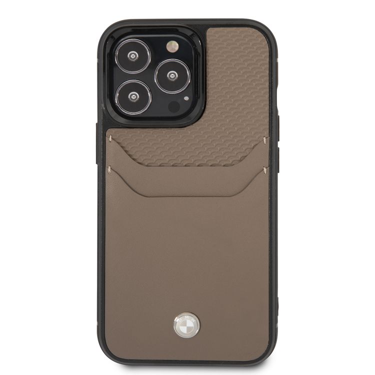 BMW Signature Collection Genuine Leather Case With Cardslot Embossed Pattern - iPhone 14 Pro Max - Taupe