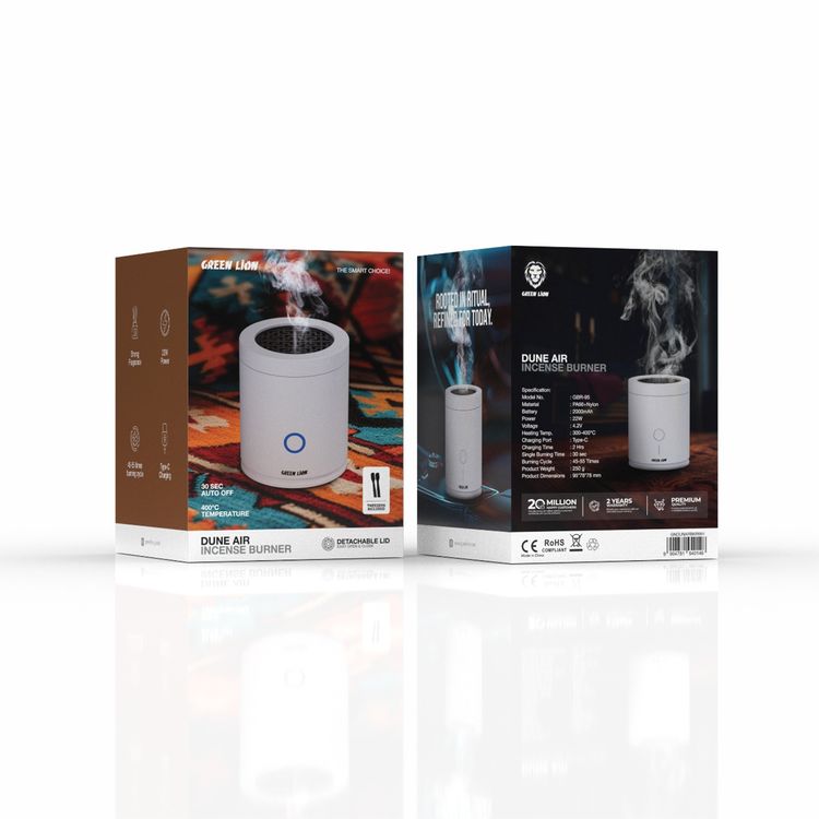 Green Lion Dune Air Incense Burner with Detachable Lid, 22W Power, USB-C Charging Port, 30 Seconds Single Burning Time, Up to 55 Burning Cycles, 300-400° C Heating Temperature, Tweezers Included, Strong Fragrance - White