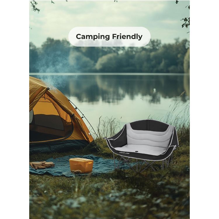 Green Lion Double Camping Chair, 600D Oxford Fabric + Steel Pipe Material, Camping Friendly, Safety Lock, Foldable Design, Easy Setup, Juice Glass Holders  - Gray / Black