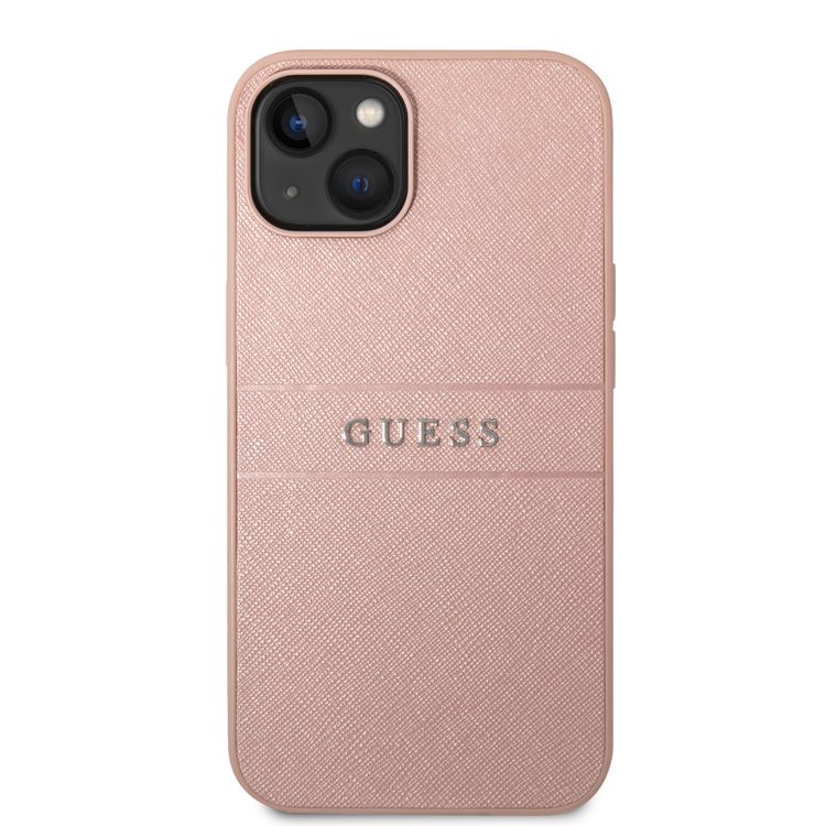Guess PU Leather Saffiano Case with Metal Logo & Hot Stamp Stripes iPhone 14 Plus Compatibility - Pink