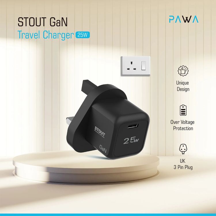 Pawa Stout Gan Travel Charger with 25W Total Output Power, Low Temperature & Fire Protection, Short Circuit Protection, Discharge Protection, Fast Charging - Black