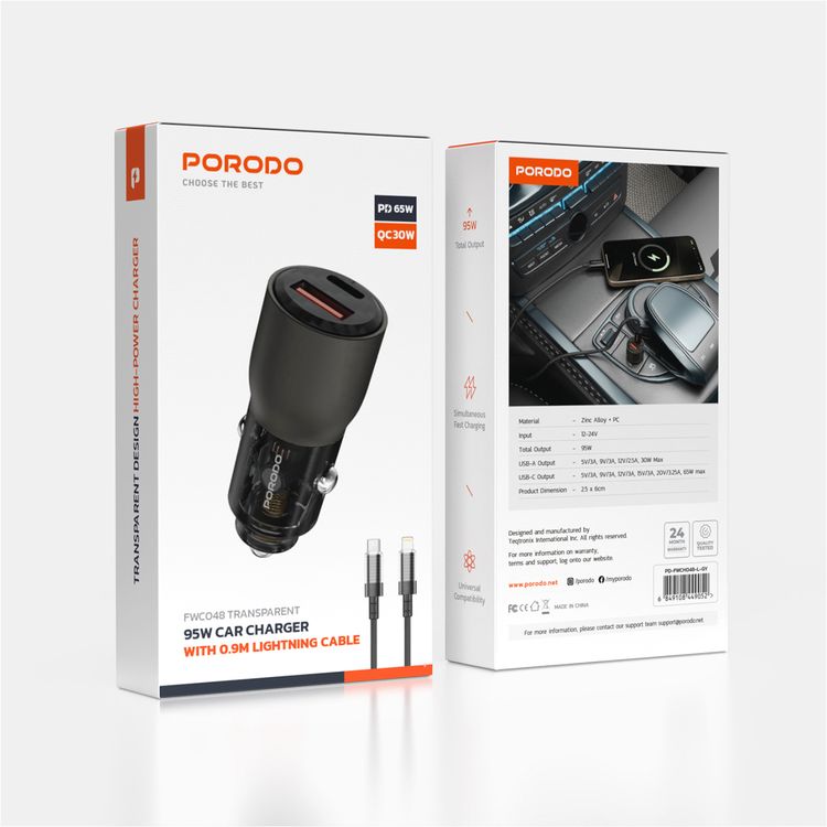 Porodo 95W Car Charger Transparent  with 90cm Lightning Cable, Simultaneous Fast Charging, Universal Compatibility - Gray