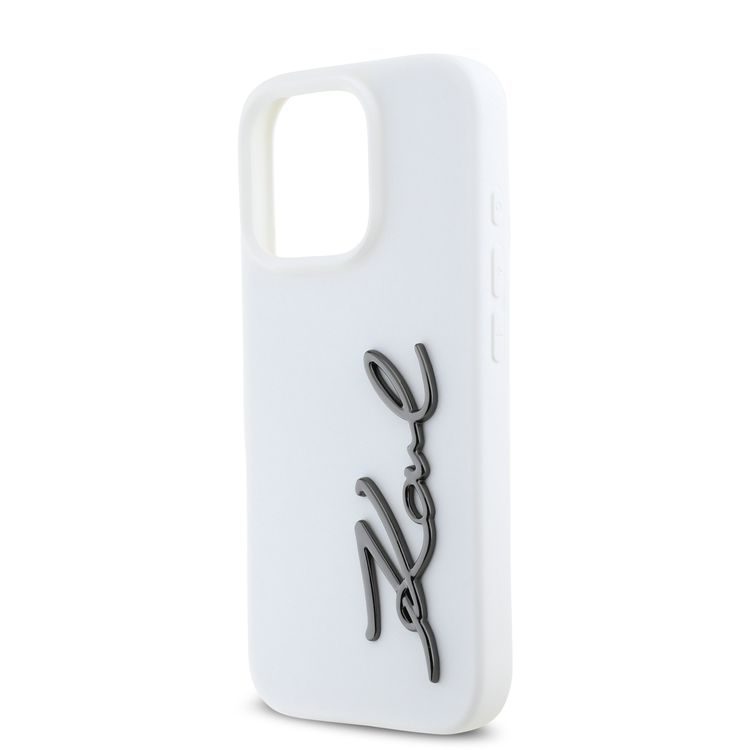 Karl Lagerfeld Silicone Case with Metal Signature Logo for iPhone 16 Pro, Drop Protection, Easy Snap On, Comfortable Grip - White