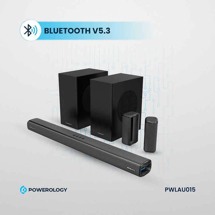 Powerology 5.2.4CH Home Theater Soundbar with Dolby Atmos, Wireless Subwoofer & Wireless, TV (ARC) Input, USB & AUX Port, Remote Control, LED Display - Black
