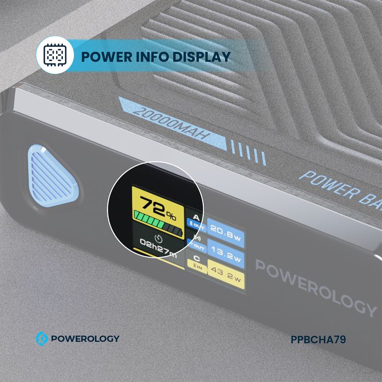 Powerology Ultra Mini 20000mAh Power Bank with Simultaneous Charging, Power Info Display, 100W Power Delivery, 15W Wireless Charging - Black