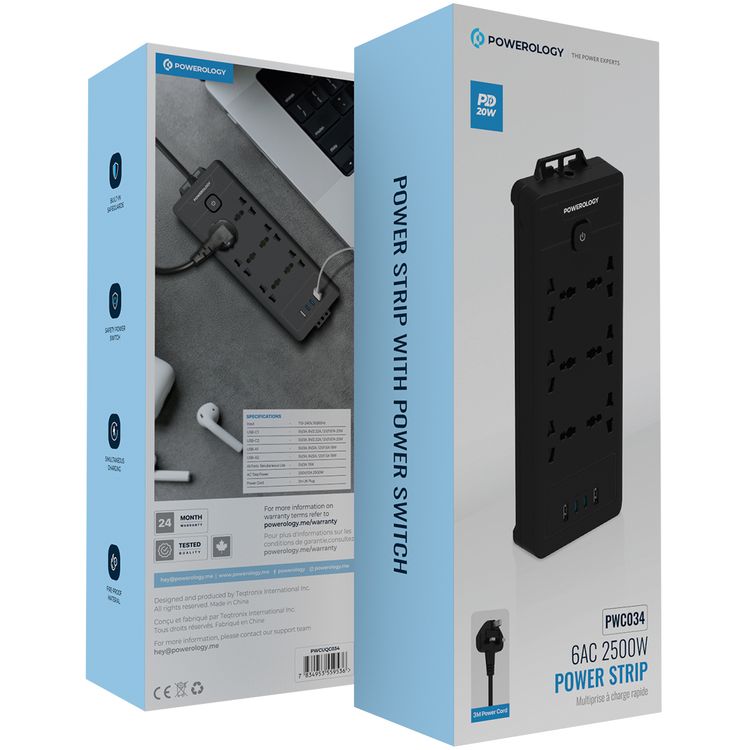 Powerology Power Strip with Power Switch, 20W PD, 3m, UK Plug, 5V/3A Simultaneous Use, 2 USB-C Ports, 2 USB-A Ports, 6 AC Sockets - Black