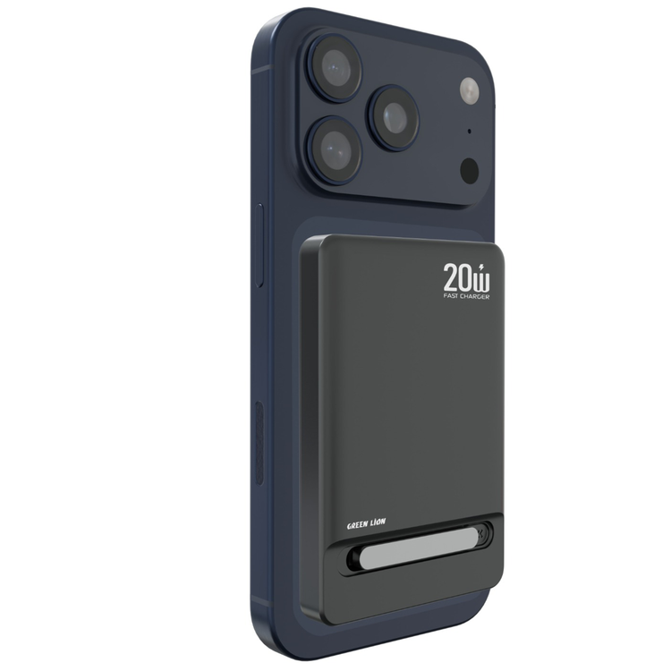 Green Lion Bond Power Bank 5000mAh with Safety Protections, Durable Braided Cable, Strong Magnets , Detachable Type-C Cable, Built In Stand, MagSafe Compatibility, Ultra-Slim Design - Black