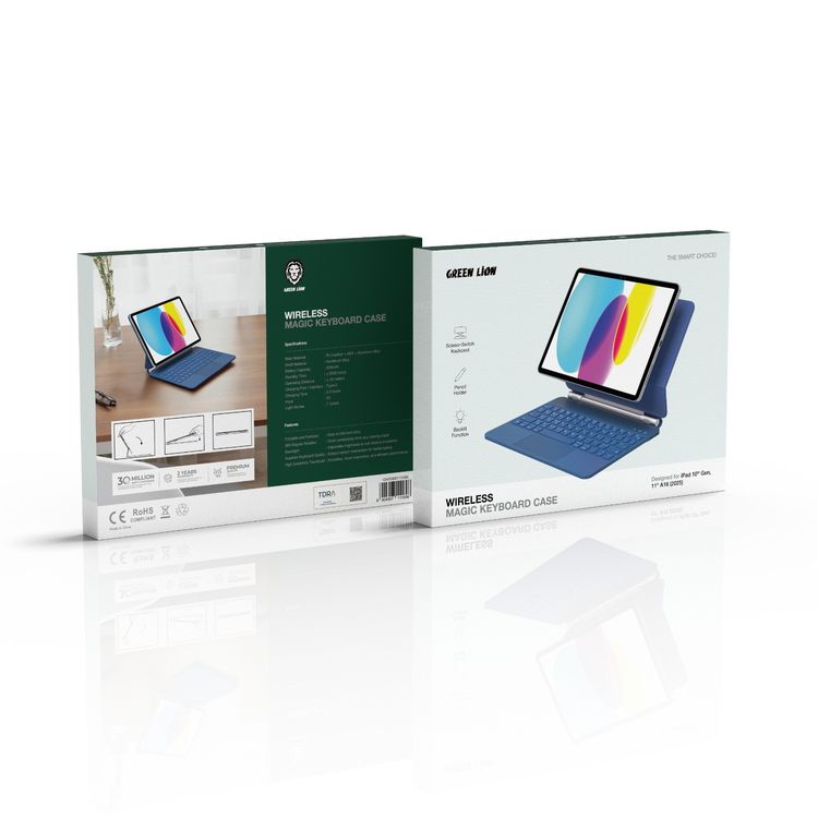 حافظة لوحة مفاتيح سحرية لاسلكية من جرين ليون لجهاز iPad الجيل العاشر، 11 بوصة A16 (2025)، بطارية بسعة 500 مللي أمبير، وظيفة إضاءة خلفية، منفذ شحن USB-C، 7 أوضاع إضاءة ملونة، حامل قلم، سطوع قابل للتعديل، لوحة مفاتيح بمفاتيح مقصية - باللون الأزرق