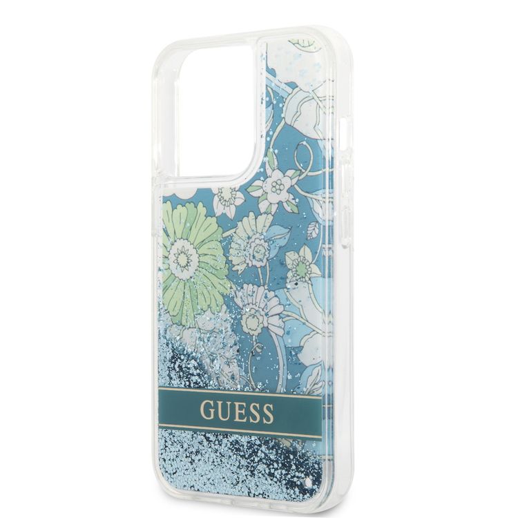 CG MOBILE Guess GUHCP13XLFLSN Liquid Glitter Hard Case, Charms Hard Phone Case, Compatible for iPhone 13 Pro Max, Shock-Absorption Mobile Case Officially Licensed - Flower Green