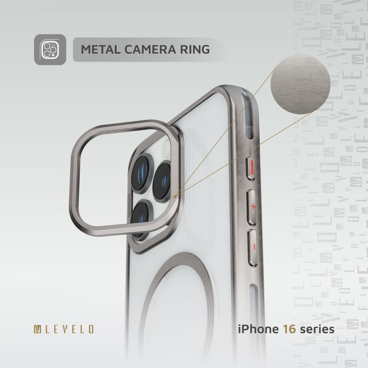 Levelo Elio PC Case with Camera Ring Stand for iPhone 16 Pro Max, Built-in Kickstand, MagSafe Compatible - Titanium