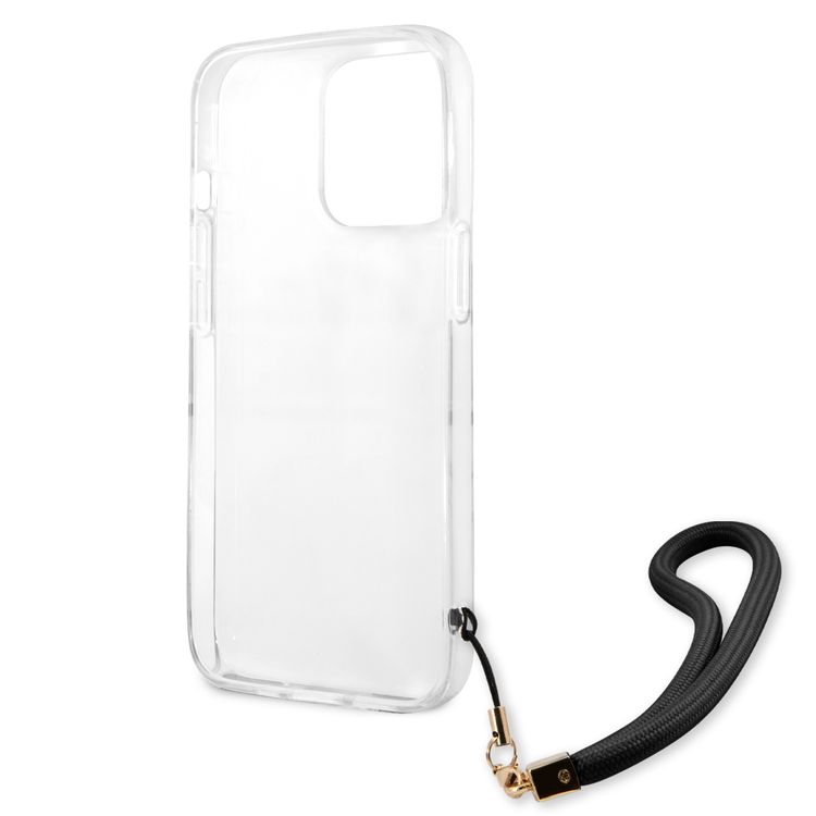 CG MOBILE Guess PC/TPU Case Camo Design & Stripe with Nylon Strap Compatible for iPhone 13 Pro Max (6.7") Back Cover Suitable with Wireless Charging Officially Licensed - Black