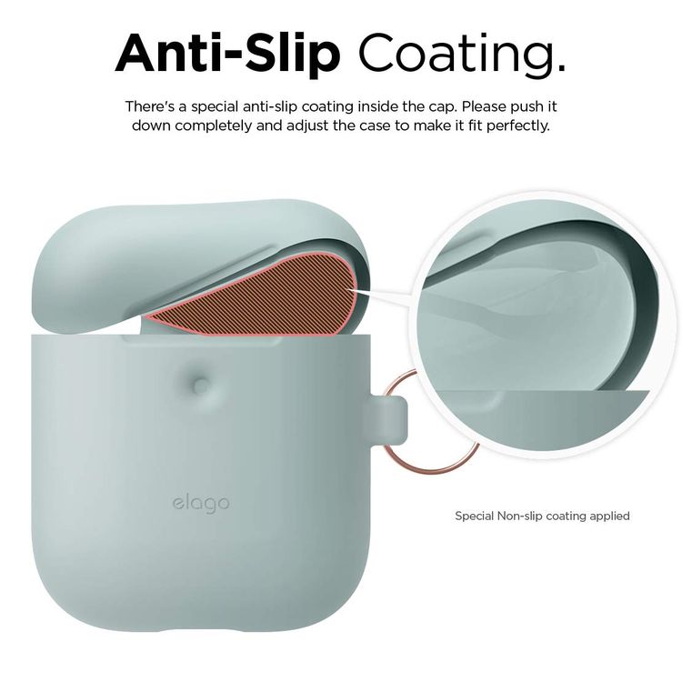 Elago Silicone Case with Anti-Lost Keychain Compatible with Apple AirPods 1/2 Wireless Charging Case, Front LED Visible, Anti-Slip Coating Inside, Premium Silicone - Baby Mint