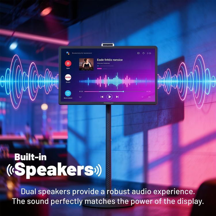 Powerology BANF 32" Portable Smart Monitor with Horizontal & Vertical Angles, 5MP Camera, Android 15 Operating System, Remote Control Included, Tilt Adjustment, 38400mAh Battery Capacity, 89° Viewing Angles, Touch Control, Cast Mirror, 6G/8G RAM, 128G ROM - Gray