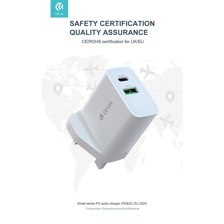 Devia Smart Series PD & QC Quick Charger UK 20W with Type-C to Lightning Cable 1M + USB to Type-C Cable 1M - White