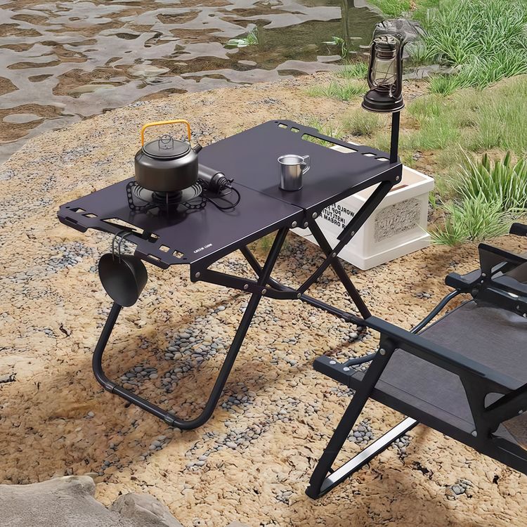 Green Lion Denver Portable Camping Table with Hanging Storage Hooks, Non-Slip Feet,  Heat Resistant, Scratch Resistant, Weather-Resistant Coating, Easy to Carry - Black 