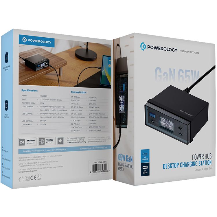 Powerology Power Hub Desktop Charging Station with ×3 USB-C & ×1 USB-A Ports, PD 65W, QC 3.0, Universal Compatibility, Digital Display - Black