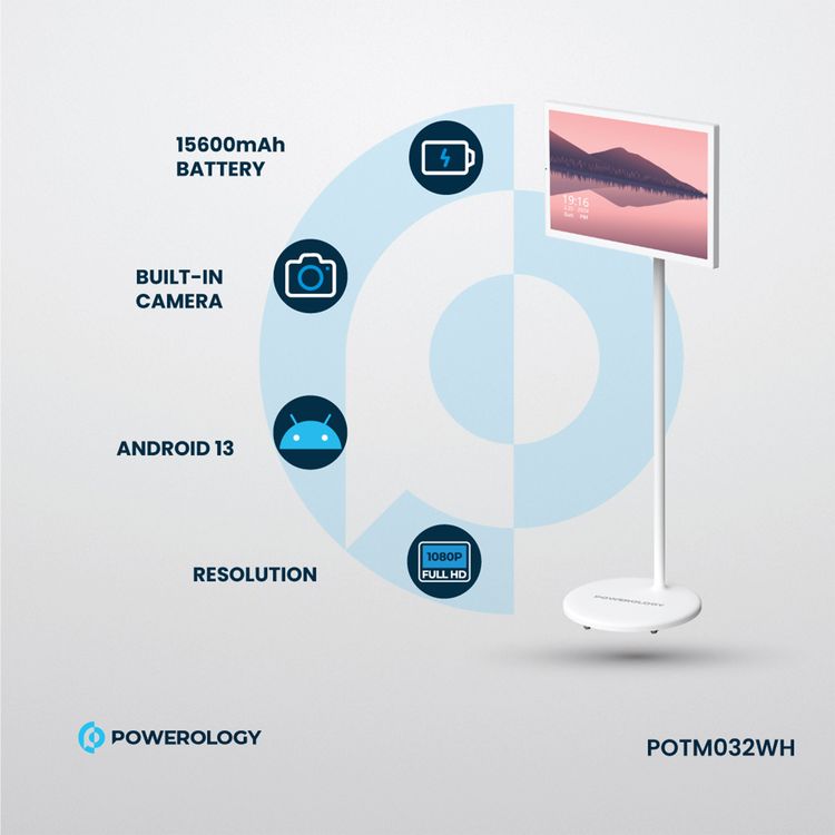 Powerology 32" Android Smart Screen, 15600 mAh Battery Capacity, 5 MP Camera, HDMI, USB-C, USB-A, 3.5 mm Audio Jack Ports, 3-Pin UK Plug - White