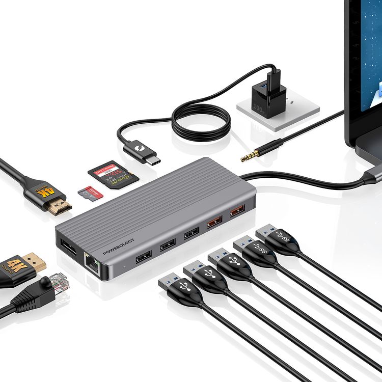 Powerology 12 in 1 - Hdmi & DP 4K Usb-C Hub Ethernet 10Gbps Data Transfer - Gray