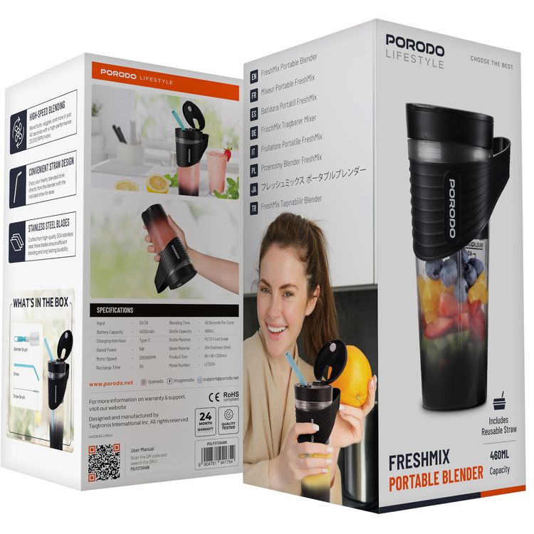 Porodo FreshMix Portable Blender with 460mL Capacity, 304 Stainless Steel Blades, PCTG Food Grade Bottle Material, 20000RPM Motor Speed, 5W Rated Power, 4000mAh Battery, 40 Seconds Per Cycle Blending Time - Black